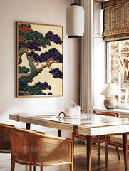 Close-up of a Japanese pine tree with dark purple and green needles on orange-brown branches, in a styled room mockup