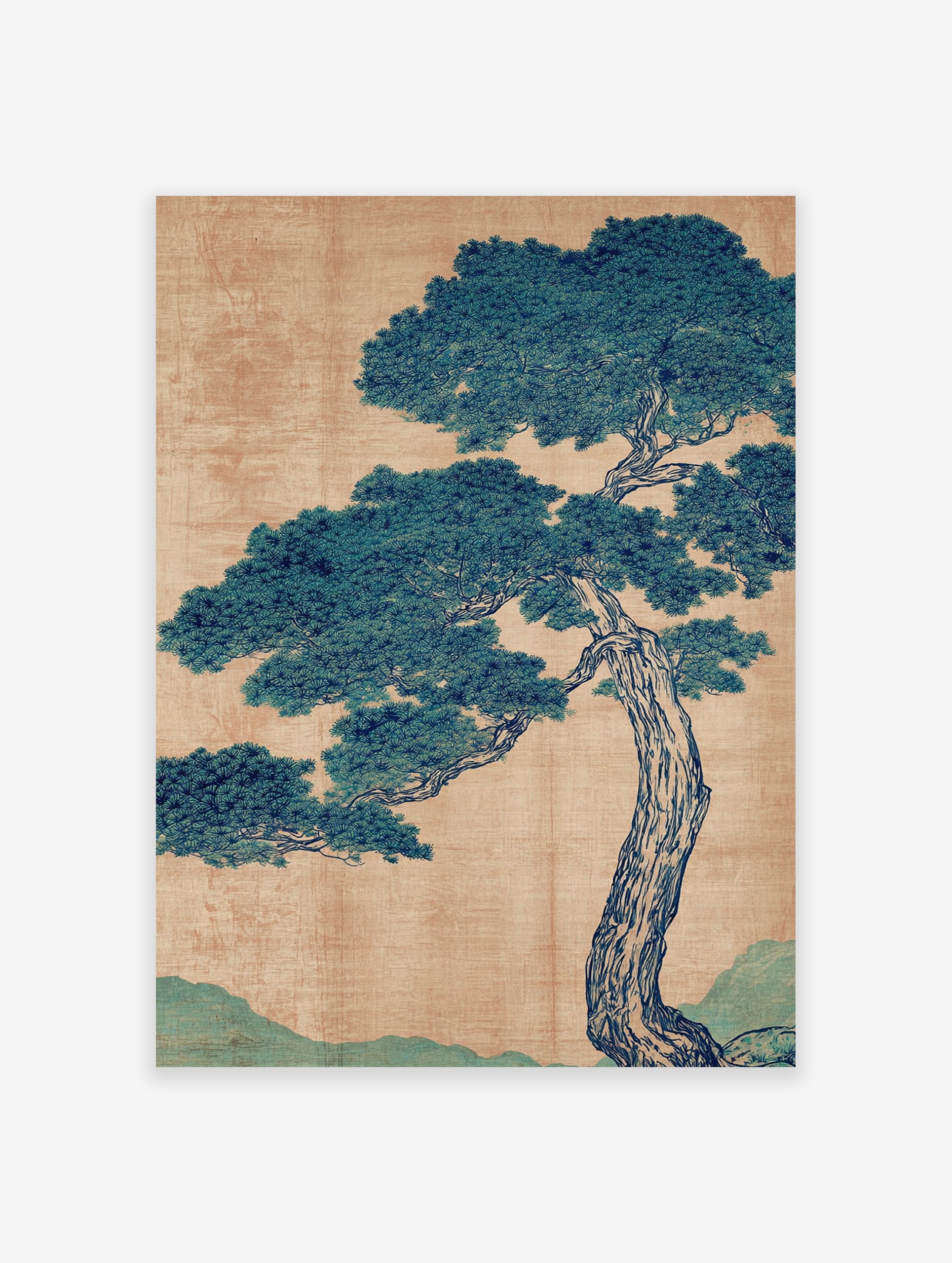 Traditional Japanese pine tree botanical illustration with blue-green foliage and brown textured background.