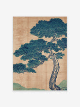 Traditional Japanese pine tree botanical illustration with blue-green foliage and brown textured background.