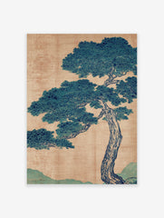 Traditional Japanese pine tree botanical illustration with blue-green foliage and brown textured background.