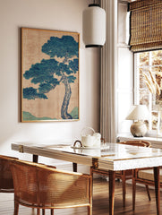 Traditional Japanese pine tree botanical illustration with blue-green foliage and brown textured background. - Image 2