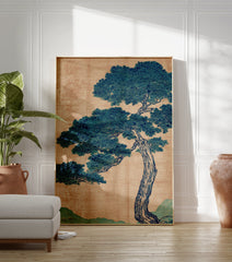 Traditional Japanese pine tree botanical illustration with blue-green foliage and brown textured background. - Image 3