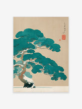 Traditional Japanese pine tree in winter, covered in snow, depicted in a teal and brown art print on a beige background.