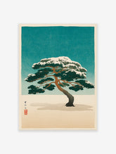 Japanese pine tree woodblock print with snow-covered branches against a teal sky and white ground, featuring a red seal.