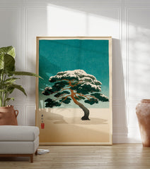 Japanese pine tree woodblock print with snow-covered branches against a teal sky and white ground, featuring a red seal. - Image 3