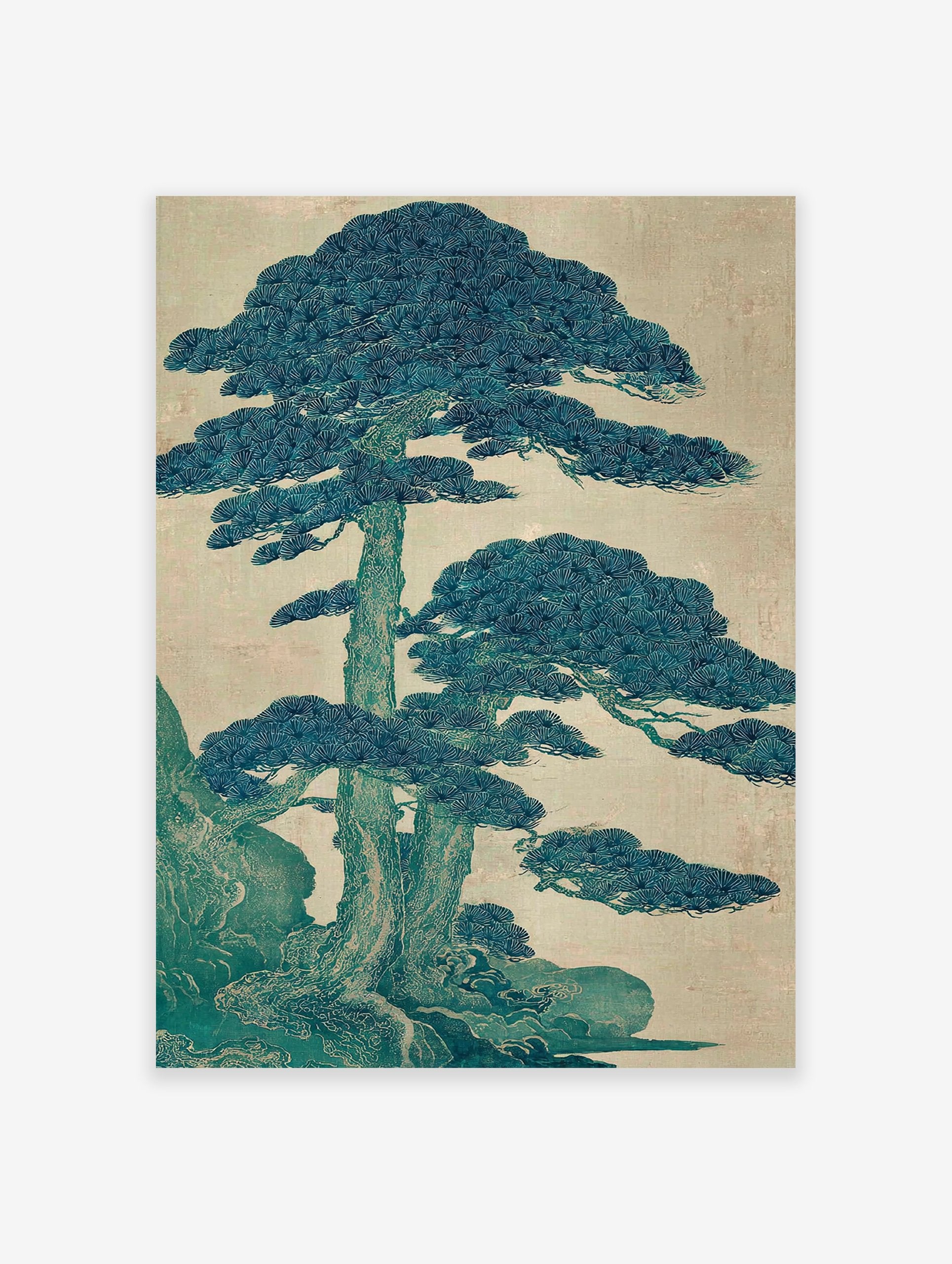 Japanese Pine Tree Wall Art print with intricate teal and blue-green botanical illustration against a light beige background.