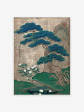 Traditional Japanese pine tree botanical landscape art print with white peonies, pond, and mountains on a textured background.