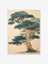 Traditional Japanese pine tree wall art print featuring a majestic tree with deep green foliage and a textured brown trunk.