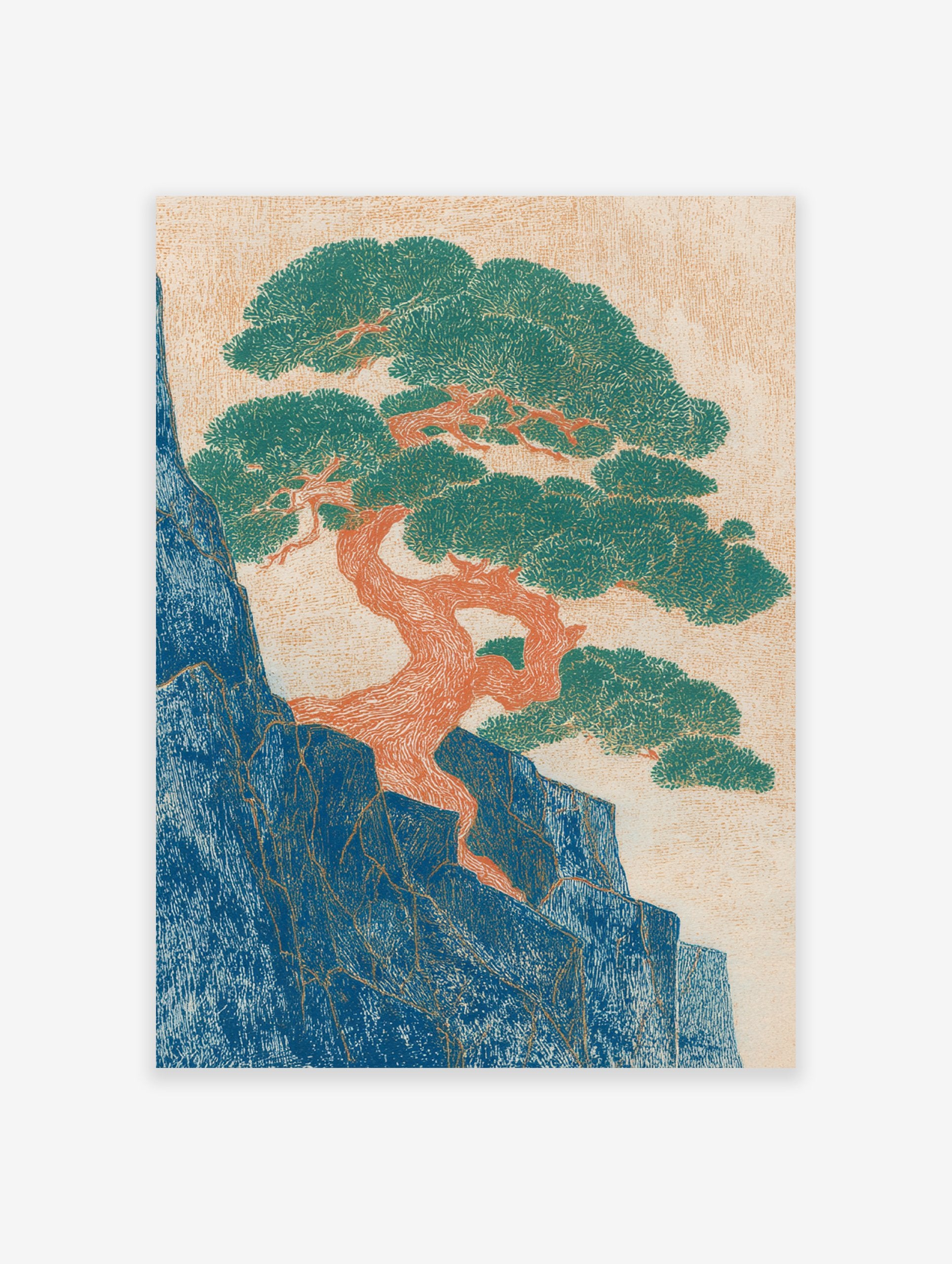 Japanese pine tree wall art illustration with green foliage, orange trunk on blue rock face against a light orange background.