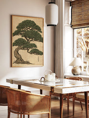 Japanese pine tree woodblock print with green foliage, gnarled brown trunk, and Kanji on beige, in a styled room mockup