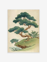 Stylised Japanese pine tree illustration on a grassy cliff with green foliage and brown trunk, distant mountains