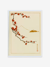 Japanese art print with red plum blossom branch and minimalist Mount Fuji outline on a neutral background