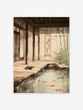 Japanese Pond Poster featuring a sleeping grey cat next to a koi fish pond with bamboo plants and traditional architecture.
