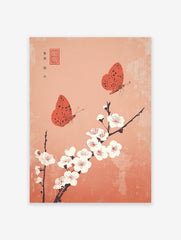 Japanese poster with two orange butterflies flying around white cherry blossoms on a textured peach-orange background.