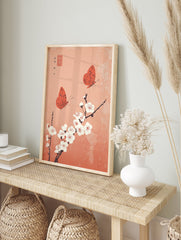 Japanese poster with two orange butterflies flying around white cherry blossoms on a textured peach-orange background. - Image 4