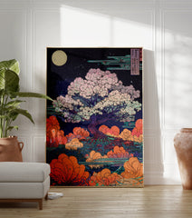 Japanese cherry blossom poster with a large pink flowering tree under a full moon and stylized clouds over water in Ukiyo-e style. - Image 3