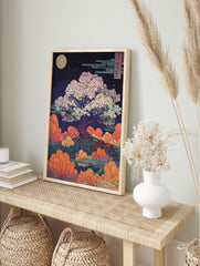 Japanese cherry blossom poster with a large pink flowering tree under a full moon and stylized clouds over water in Ukiyo-e style. - Image 4