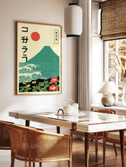 Japanese poster featuring Mount Fuji, ocean waves, a red sun, and vibrant red and yellow flowers with green foliage in Ukiyo-e style. - Image 2
