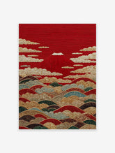 Japanese poster of Mount Fuji in red with gold clouds and colorful stylized waves, depicting a traditional landscape scene.