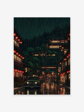Japanese poster of a rainy traditional street scene at night with glowing red lanterns, old buildings, and a classic green car.