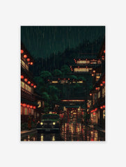 Japanese poster of a rainy traditional street scene at night with glowing red lanterns, old buildings, and a classic green car.