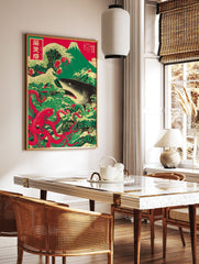 Japanese poster featuring a large red octopus battling a shark in crashing green waves, with Mount Fuji in the background. - Image 2