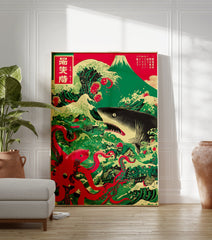 Japanese poster featuring a large red octopus battling a shark in crashing green waves, with Mount Fuji in the background. - Image 3