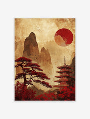 Japanese poster with a red sun, pagoda, ancient tree, and mountains in a vintage, illustrative style.