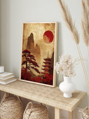 Japanese poster with a red sun, pagoda, ancient tree, and mountains in a vintage, illustrative style. - Image 4