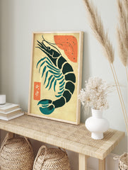 Stylised Japanese prawn art print in dark teal with red abstract shape and white kanji on, in an alternate framed mockup