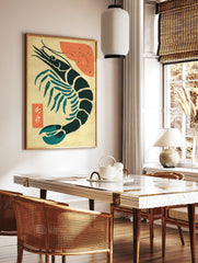 Stylised Japanese prawn art print in dark teal with red abstract shape and white kanji on beige, in a styled room mockup