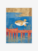 Japanese pufferfish art print with a golden fugu swimming above red wooden posts in blue water, with gold details