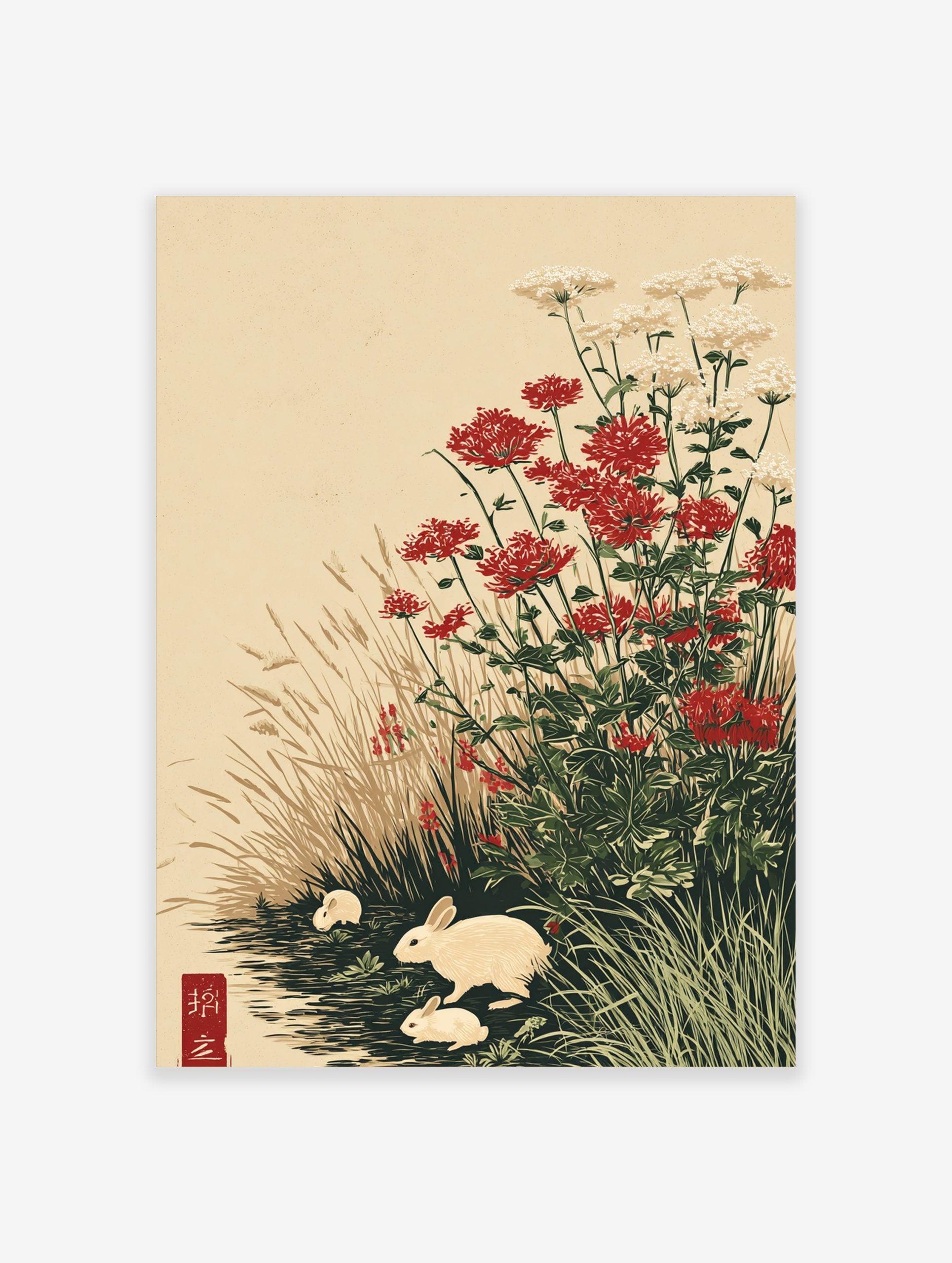 Japanese-style art print with three white rabbits among red and white flowers and tall grasses by water