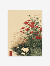 Japanese-style art print with three white rabbits among red and white flowers and tall grasses by water