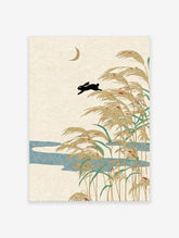 Japanese Rabbit Art print with black rabbit leaping over golden pampas grass, blue river, and crescent moon on a beige background.