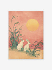 Japanese Rabbit Print featuring two white rabbits in tall green grass under a large yellow moon against a pink sky