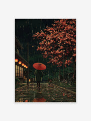 Japanese rain poster featuring a person with a red umbrella walking down a traditional street at night with glowing lanterns and a red-leafed tree.