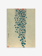 Japanese abstract art print with blue raindrops and red shapes on a light blue background, vertical composition