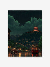Japanese rainy night poster showing a red pagoda on a hill above a city street with a red tram and car.