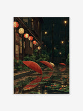 Japanese Rainy Night Poster of a street scene with red umbrellas, glowing lanterns, and reflections in puddles with lily pads.