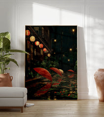Japanese Rainy Night Poster of a street scene with red umbrellas, glowing lanterns, and reflections in puddles with lily pads. - Image 3