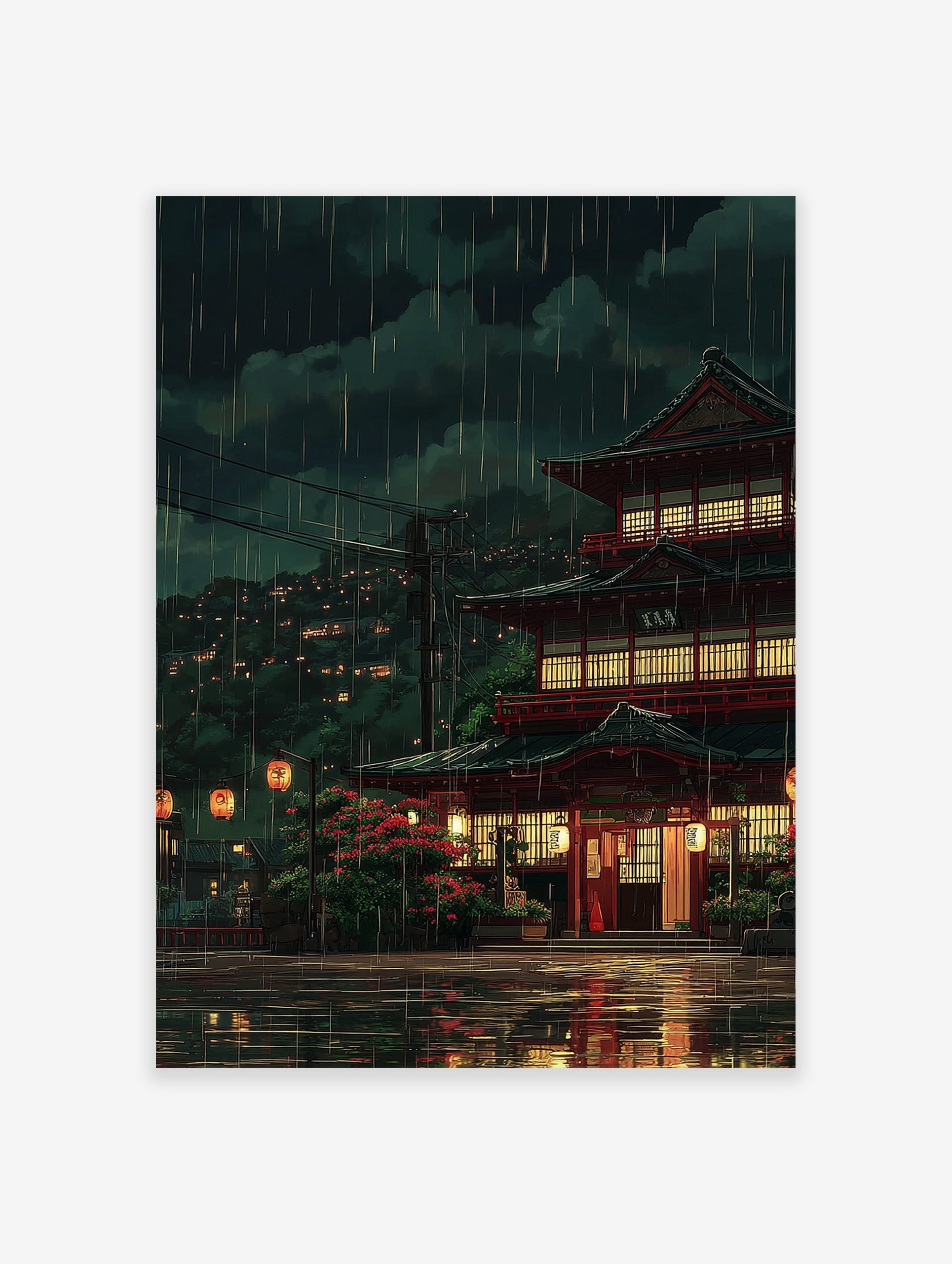 Japanese rainy night poster featuring traditional red architecture, glowing lanterns, and distant city lights reflected on wet streets.