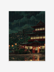 Japanese rainy night poster featuring traditional red architecture, glowing lanterns, and distant city lights reflected on wet streets.