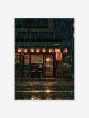 Japanese rainy night street poster featuring an illustrated restaurant with glowing orange lanterns and reflections on wet ground.