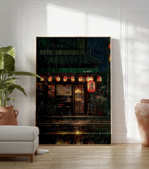 Japanese rainy night street poster featuring an illustrated restaurant with glowing orange lanterns and reflections on wet ground. - Image 3