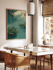 Japanese poster of a rainy pond with green lotus leaves and pink water lily buds, water reflecting sky. - Image 2