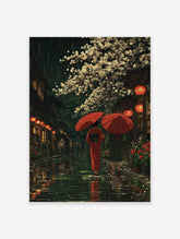 Japanese rainy street poster featuring two people with red umbrellas under cherry blossoms at night, with traditional buildings and lanterns.