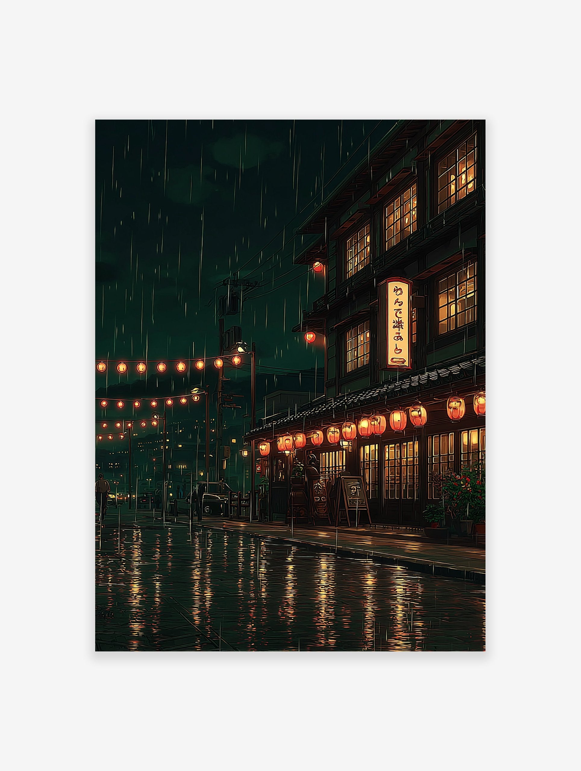 A Japanese Rainy Street poster showing traditional buildings with glowing lanterns and windows reflecting on wet streets at night.