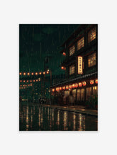 A Japanese Rainy Street poster showing traditional buildings with glowing lanterns and windows reflecting on wet streets at night.