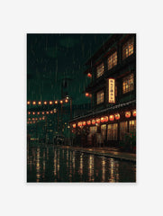 A Japanese Rainy Street poster showing traditional buildings with glowing lanterns and windows reflecting on wet streets at night.
